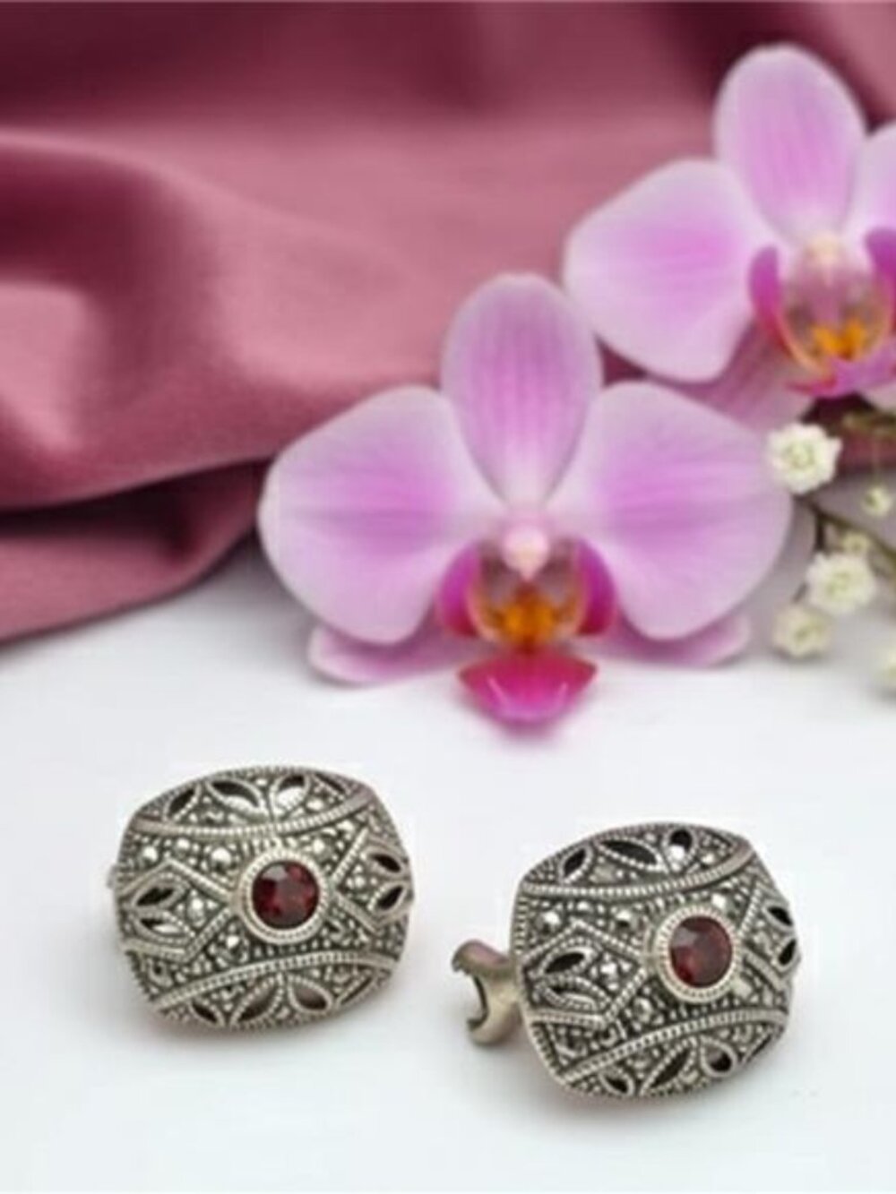 Judith Jack Sterling Silver Garnet Marcasite Oval Omega Back Earrings Vintage